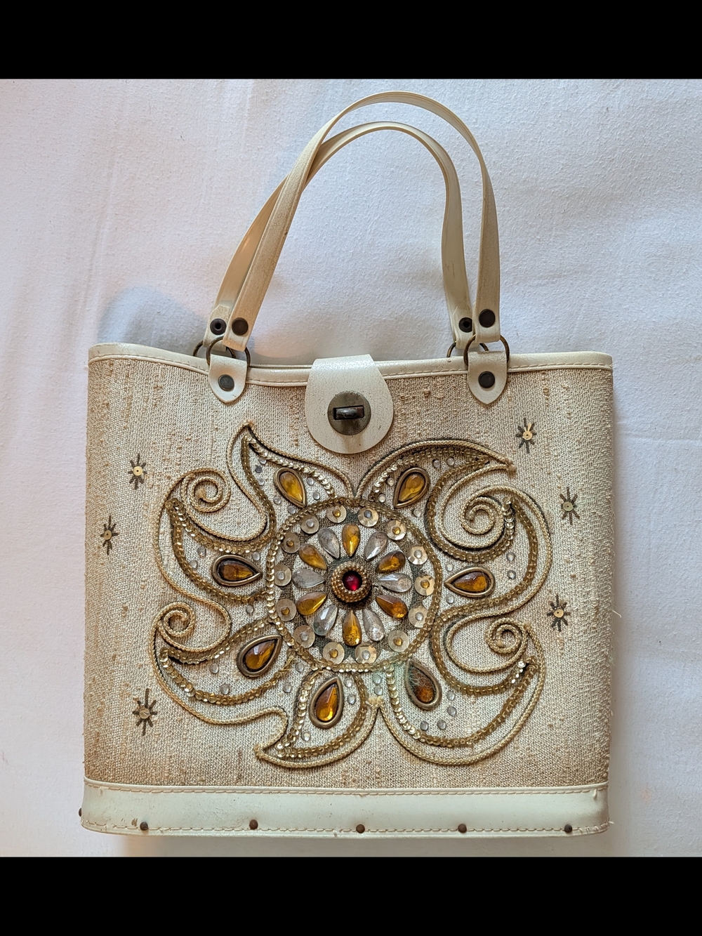 Vintage Beaded Sunburst Cream Tote Bag